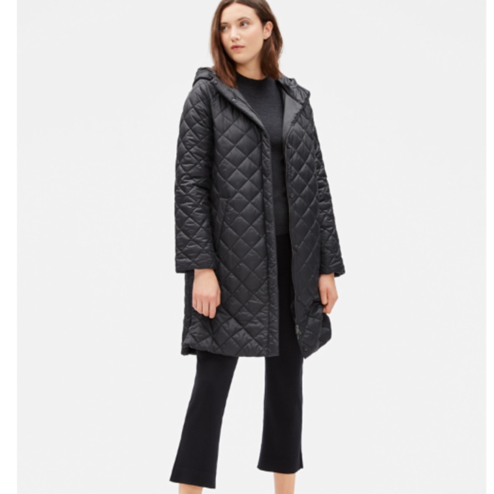 NWT Eileen Fisher WOMEN'S DIAMOND RECYCLED NYLON HOODED COAT Jacket Black XS